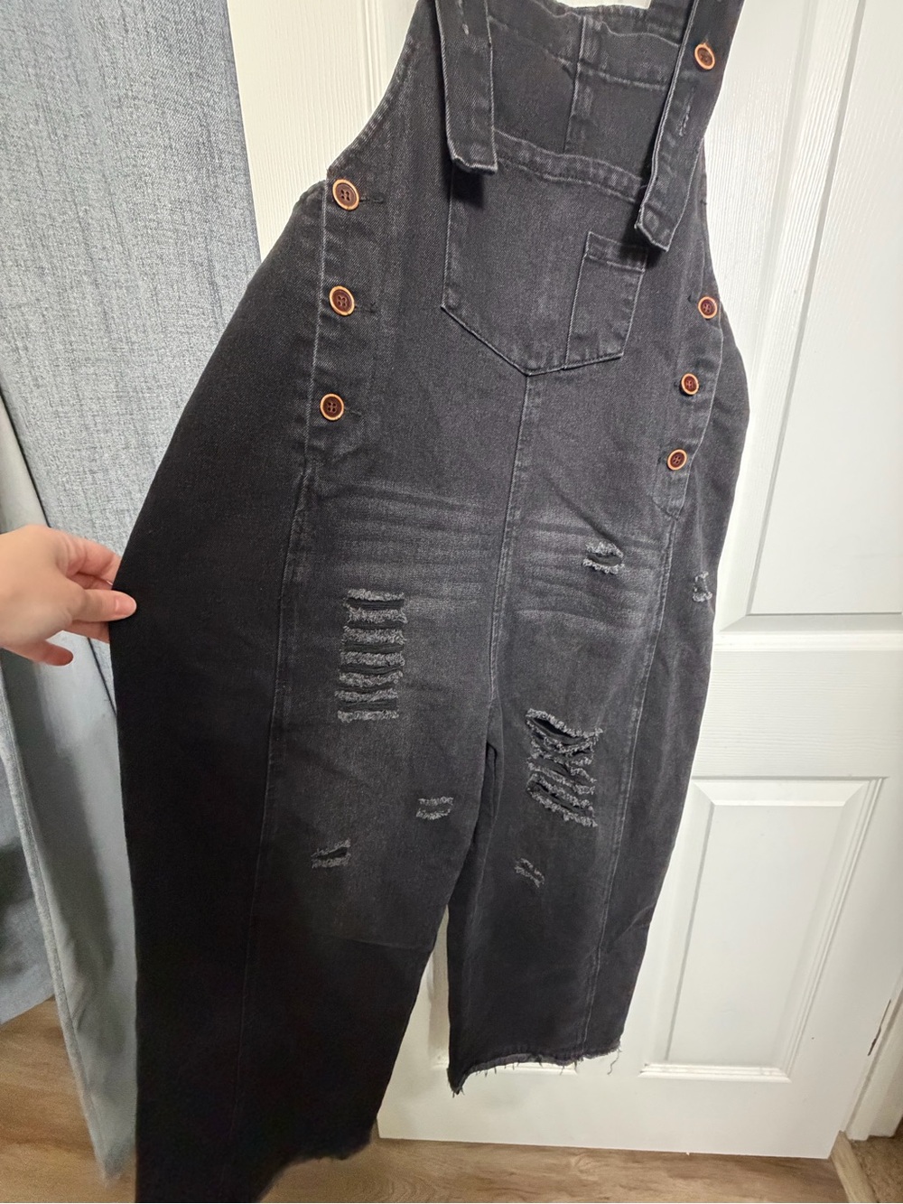 Washed Black Distressed Denim Overalls